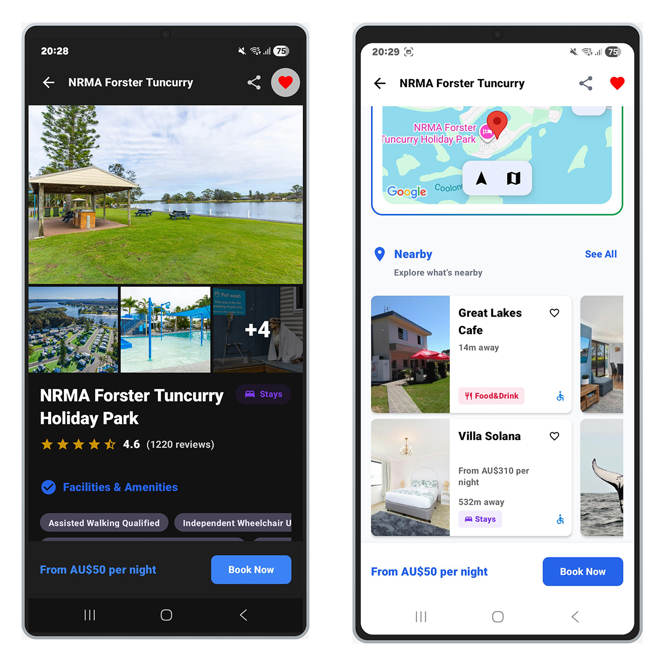 The NRMA Forster Tuncurry Holiday Park listing and Book Now action in the ILoveAU mobile app