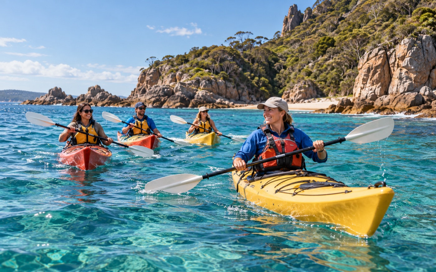A guide leading a small kayaking tour on the Australian coast